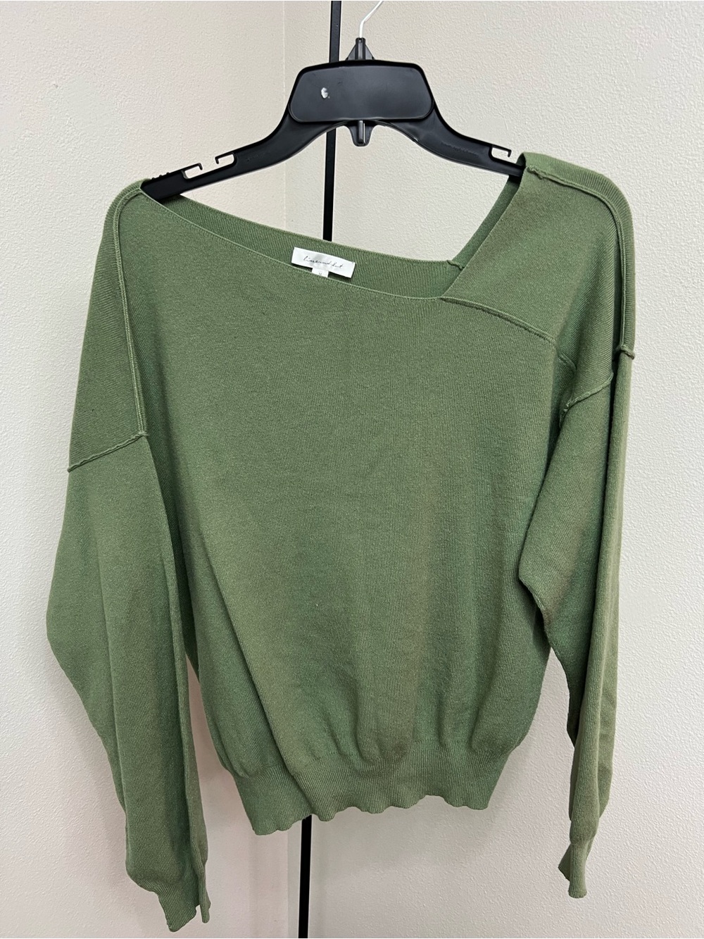 Line & Dot Olive Off-Shoulder Lightweight Knit Sweater